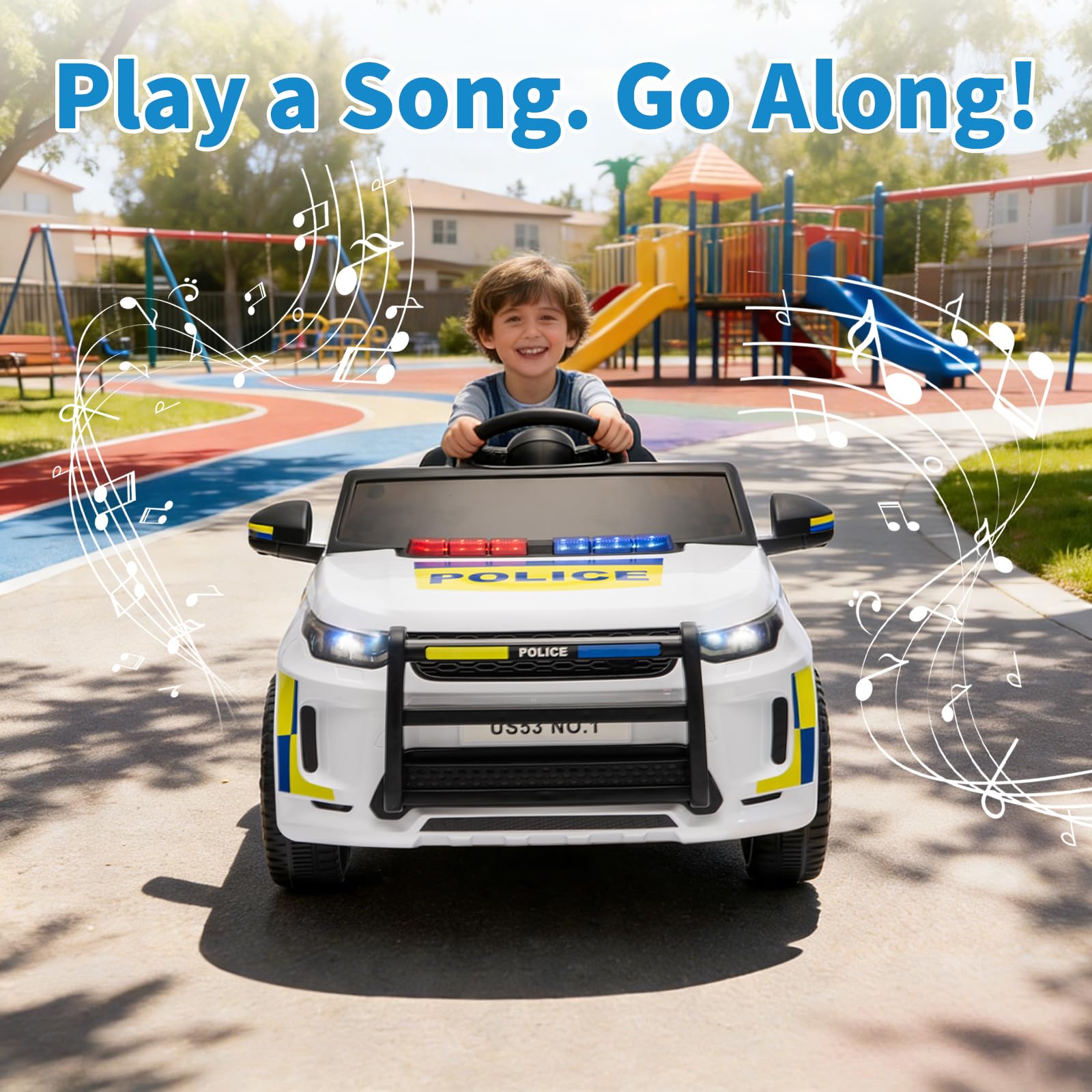 Garvee Kids Police Ride-On Car 12V Dual-Motor, Bluetooth, LED Lights, Safety Belt, Anti-Rollover Tires, White/Black, Outdoor Adventure Toy