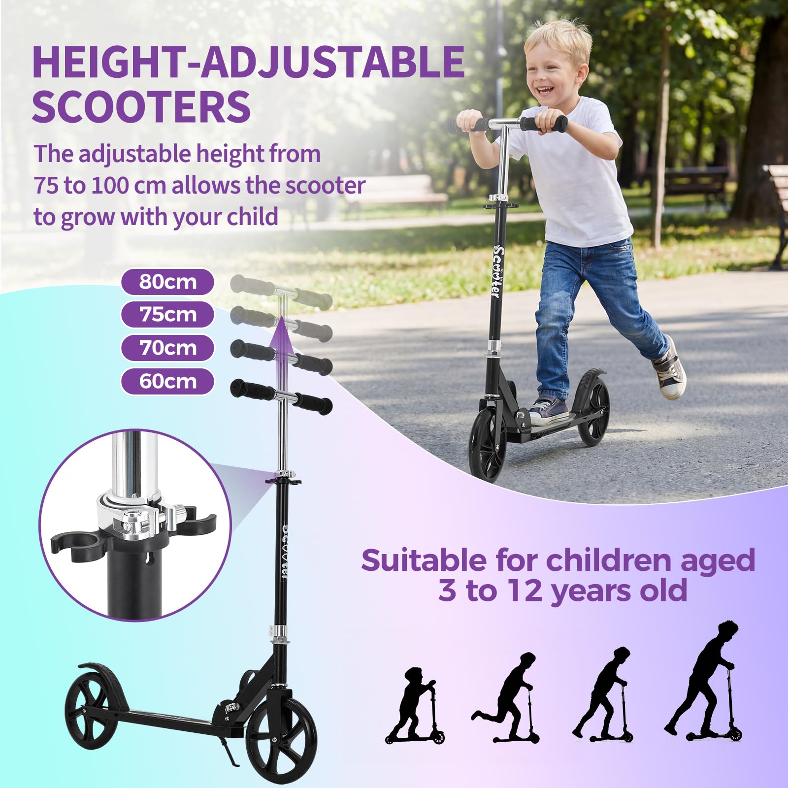 Garvee Kick Scooter for Teens Adults Kids 6+ - 220LB Capacity, 3-Level Adjustable Handlebar, Aluminum Alloy Frame, Foldable, 8" PU Wheels, Outdoor Sports