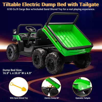 Garvee 24V 2-Seater 6-Wheel 4WD Kids Electric Dump Truck Ride-On UTV - Parental Remote, Wireless Audio Music, LED Lights, Electric Dump Bed, Shovel - Off-Road Toy for Big Kids - Green