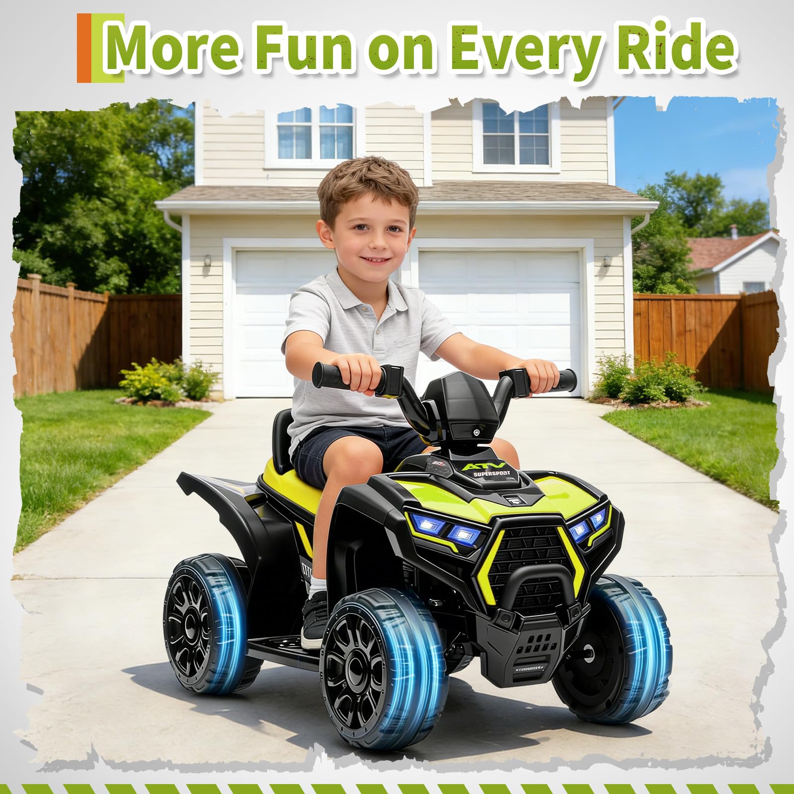 Garvee 6V Battery Powered Kids ATV Car with Lights and Music, 3.5mph Speed, Durable All-Terrain Tires, Safe Plastic Build, Toddler Ride-On Toy for Ages 3-6