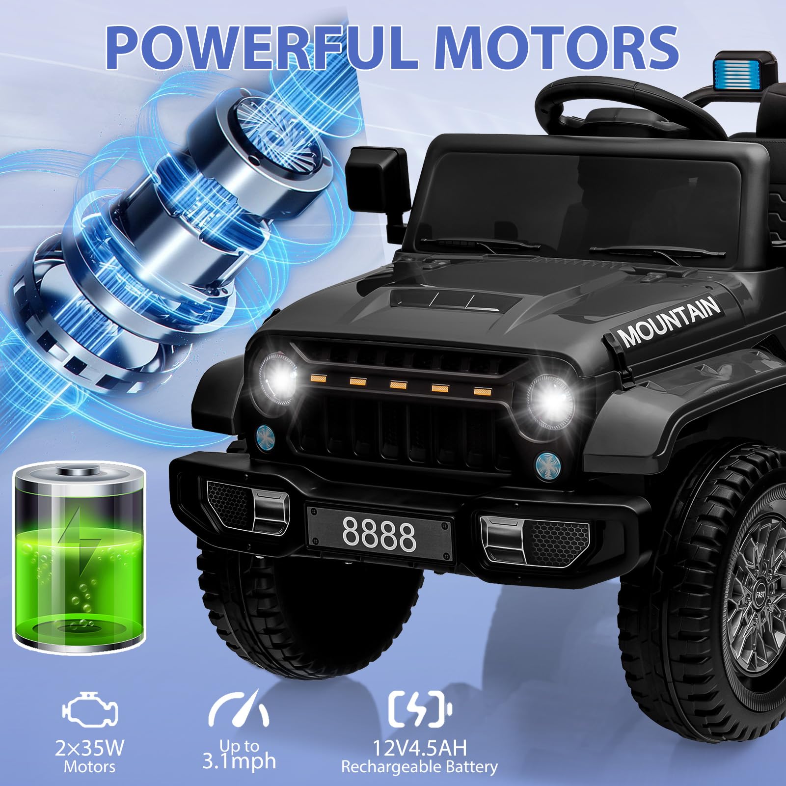 Garvee 12V Kids Ride On Electric Truck Car – Battery Powered, 3-Speed, Spring Suspension, LED Lights, MP3, Parental Remote, All-Terrain, Outdoor Toy Gift for Boys & Girls – Color: Black