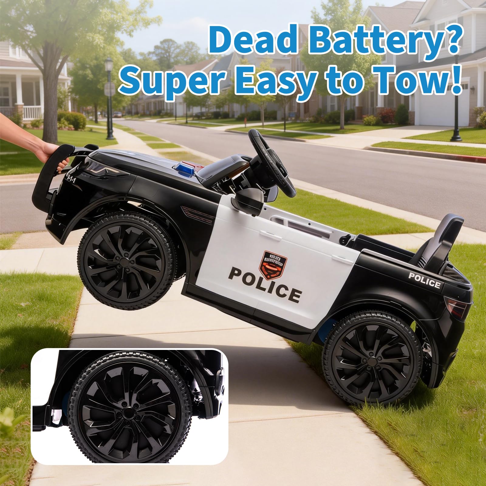 Garvee Kids Electric Police Car Ride-On 12V 4.5Ah Battery Dual 35W Motors LED Lights Bluetooth Speaker Remote Control White/Black Indoor Outdoor