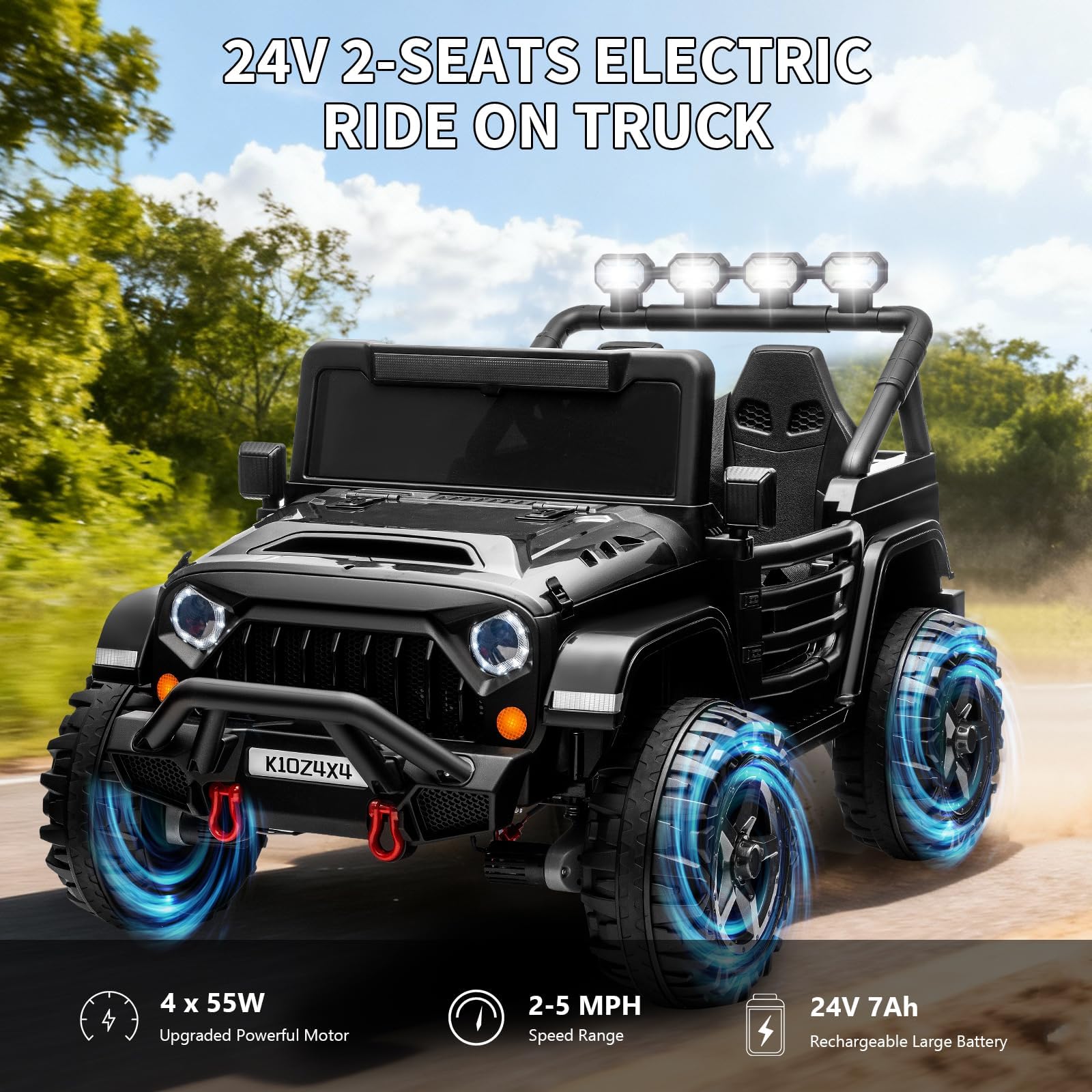 Garvee 24V 4x4 Electric Ride On Truck for Big Kids – 2 Seater Battery Powered Car – Remote Control – 3 Speeds – 4-Wheel Suspension – LED Lights – Wireless Audio Music – Gradual Start – Black