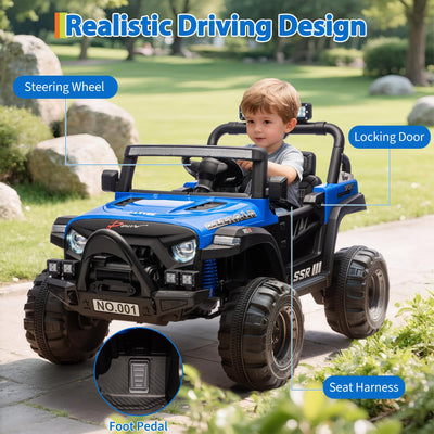 Garvee 12V Kids Electric Ride-On Car – Parent Remote Control, 3-Point Harness, Locking Doors, Spring Suspension, wireless Music, LED Lights, 3 Speeds up to 4.1MPH, Battery Powered Toy Vehicle for Toddlers Boys Girls – Blue