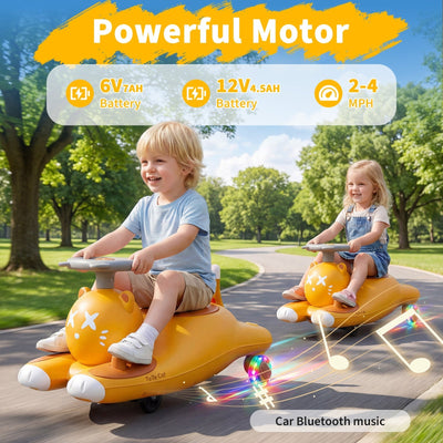Garvee Fun & Safe Wiggle Ride-On Car for Kids – Cartoon Cat Design, Pedal-Driven, Battery Powered, 6V Electric, Durable Build, Indoor/Outdoor Toy – Brown - US Standard