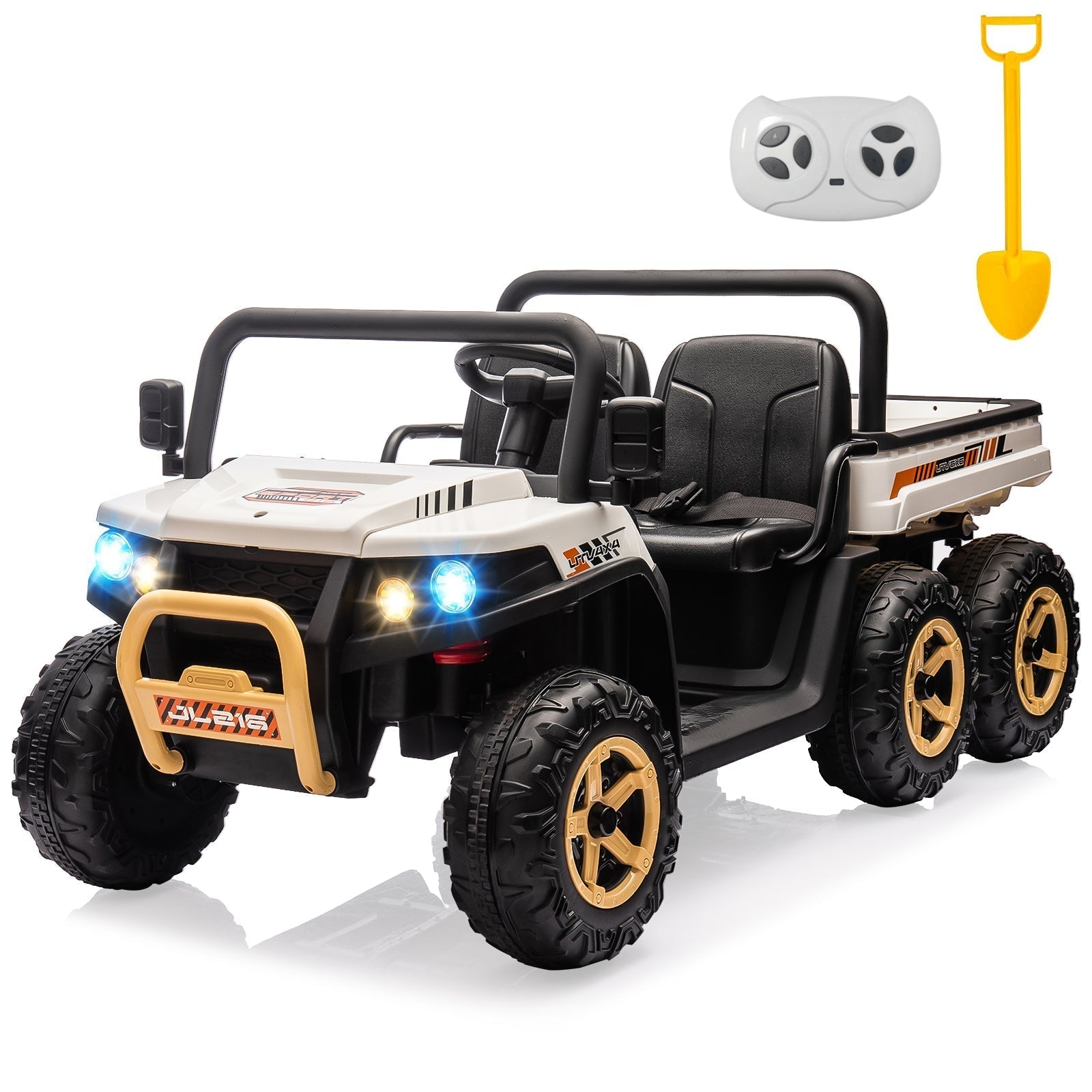 Garvee 24V 2-Seater 6-Wheel 4WD Kids Ride-On UTV Dump Truck - Parent Remote Control, Wireless Audio Music, LED Lights, Electric Dump Bed, Shovel - Electric Ride-On Car for Big Kids - White