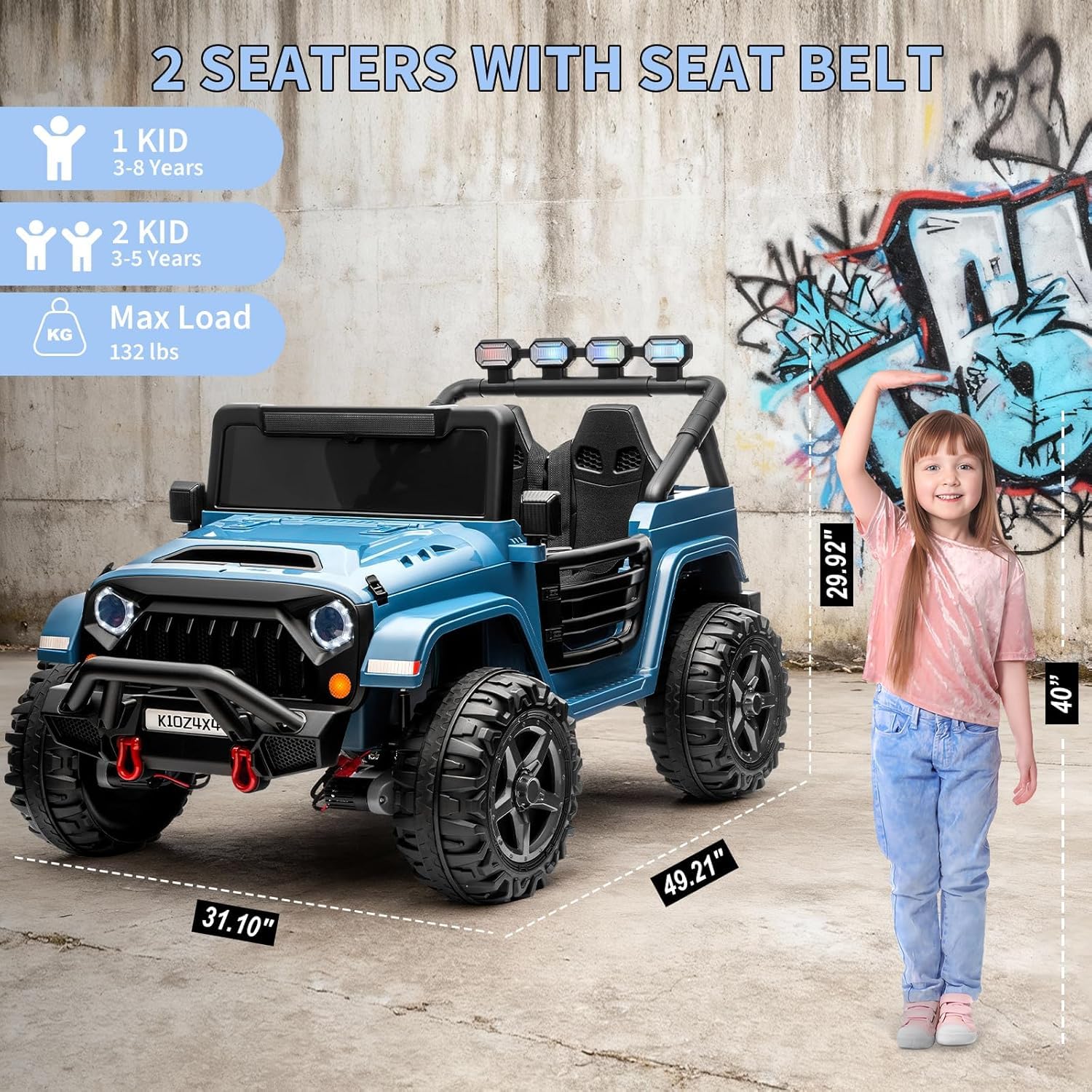 Garvee 24V Electric Ride On Truck for Big Kids – 2 Seater – Parental Remote Control – 3 Speeds – 4-Wheel Suspension – LED Lights – Wireless Audio/MP3 Player – Standard Test Method/CPSIA Certified – Navy Blue