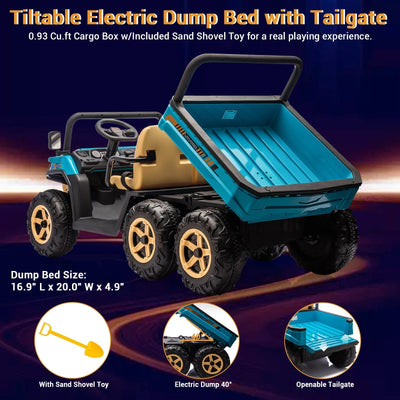 Garvee 24V 2-Seater 6-Wheel 4WD Kids Ride-On Dump Truck UTV - Parent Remote, Wireless Audio Music, LED Lights, Dump Bed, Shovel - Electric Car Toy for Big Kids - Blue