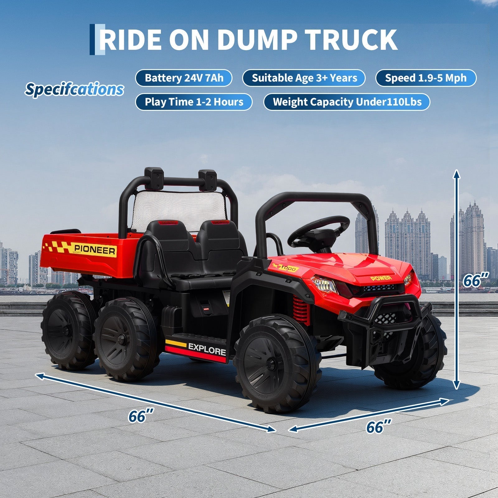 Garvee 24V 4WD Electric Ride on Dump Truck for Kids, 2 Seater with Remote Control, Dump Bed, 3 Speed Modes, Music Player, All-Terrain Off-Road Vehicle Toy for Boys & Girls