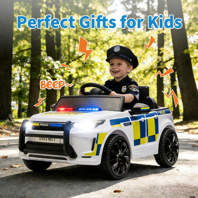 Garvee Kids Police Ride-On Car 12V Dual-Motor, Bluetooth, LED Lights, Safety Belt, Anti-Rollover Tires, White/Black, Outdoor Adventure Toy