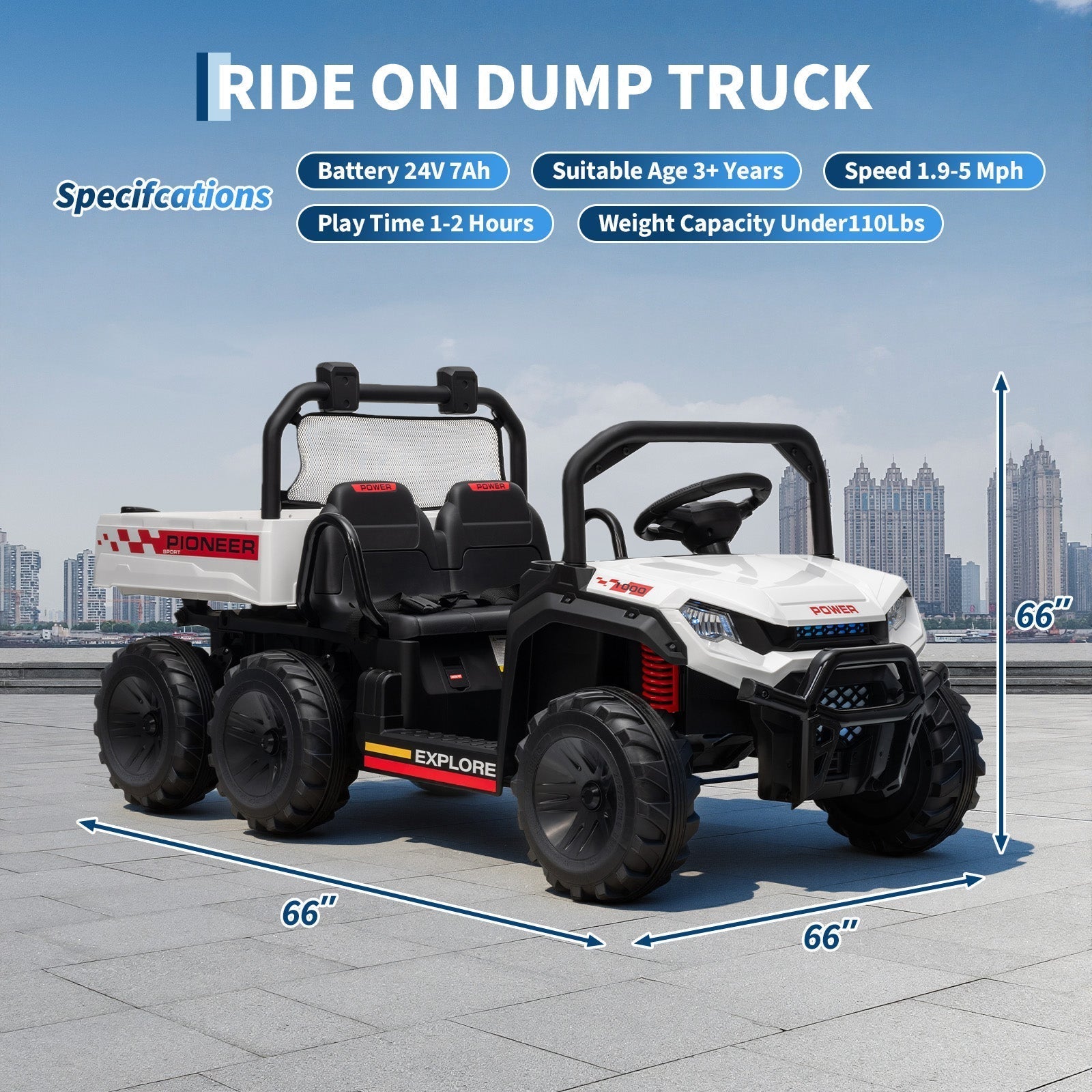 Garvee 24V 4WD Electric Ride on Dump Truck for Kids, 2 Seater with Remote Control, Dump Bed, 3 Speed Modes, Music Player, All-Terrain Off-Road Vehicle Toy for Boys & Girls