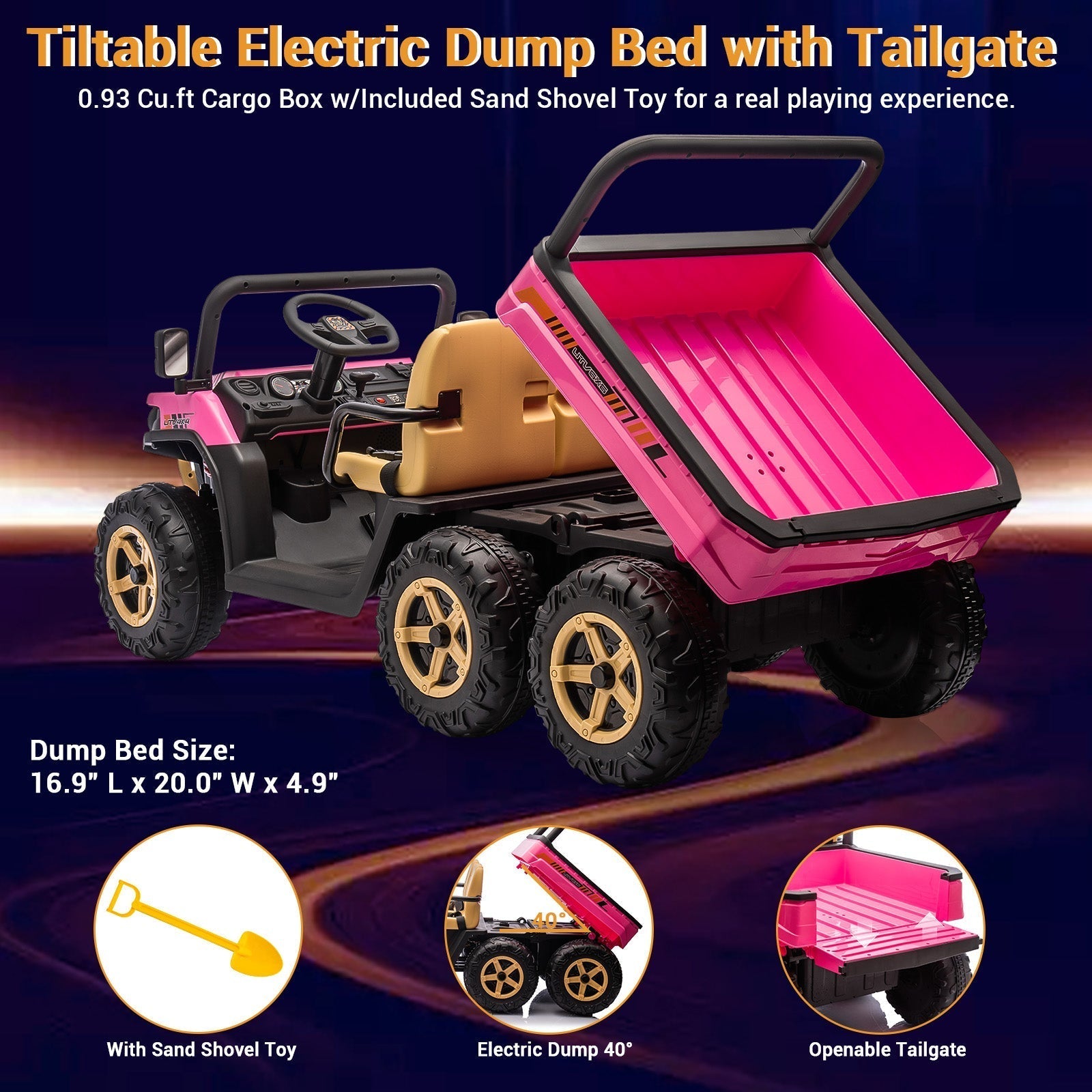 Garvee 24V 2-Seater 6-Wheel 4WD Electric Ride-On Dump Truck UTV for Kids - Parental Remote, Wireless Audio Music, LED Lights, Electric Dump Bed, Shovel - Car Toy for Boys & Girls Ages 3-8 - Pink