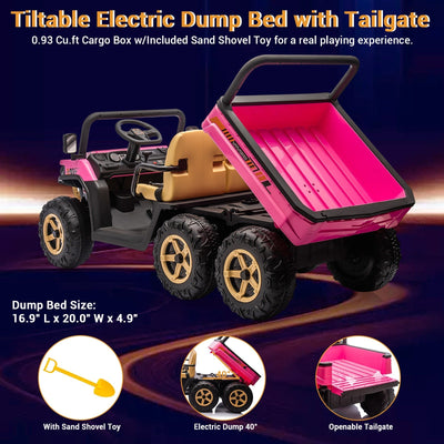 Garvee 24V 2-Seater 6-Wheel 4WD Electric Ride-On Dump Truck UTV for Kids - Parental Remote, Wireless Audio Music, LED Lights, Electric Dump Bed, Shovel - Car Toy for Boys & Girls Ages 3-8 - Pink