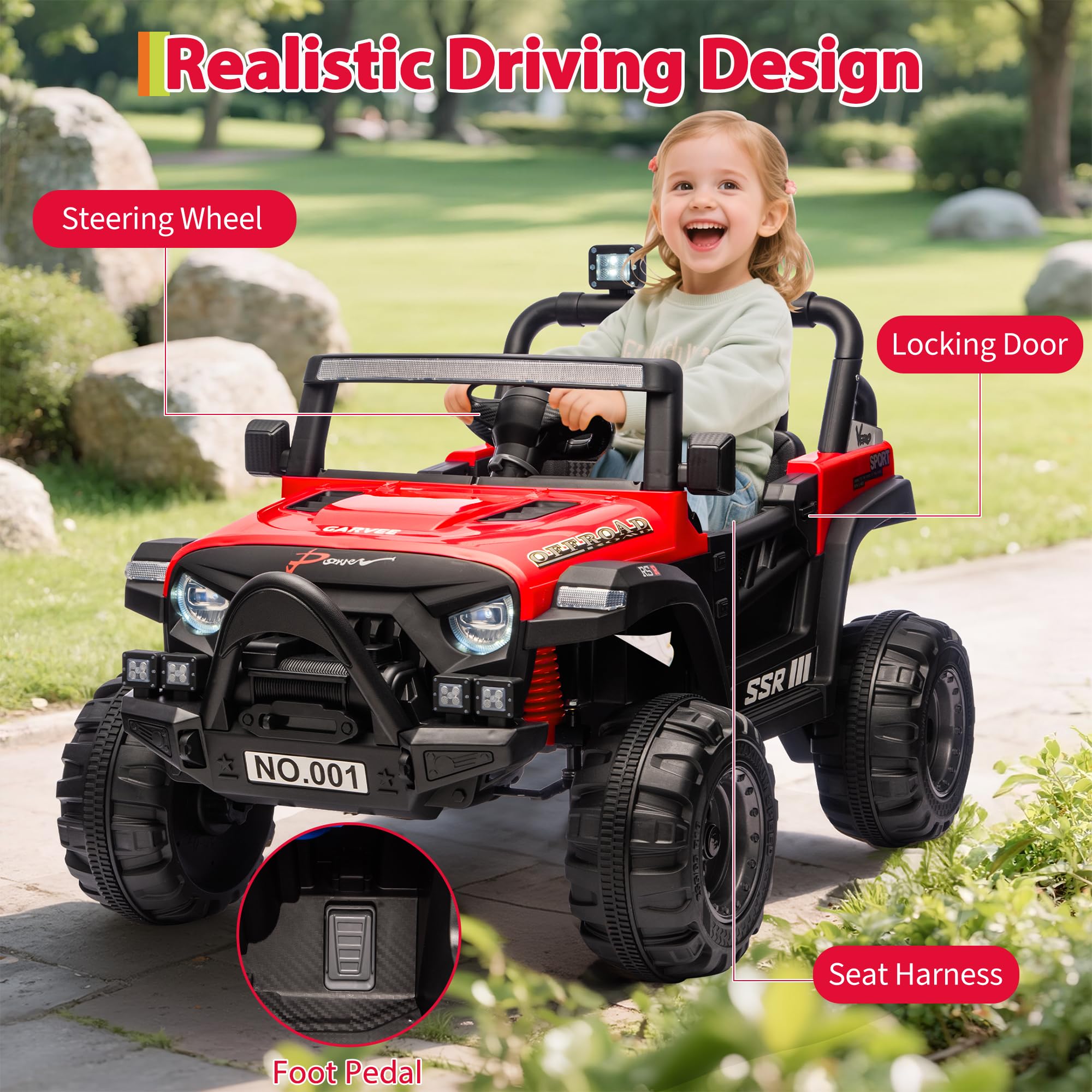 Garvee 12V Kids Electric Ride-On Car – Parent Remote Control, Spring Suspension, LED Lights, wireless Music, 3-Point Harness, Locking Doors, 3 Speeds, Battery Powered Toy Vehicle for Toddlers Boys Girls Ages 3-5 – Red