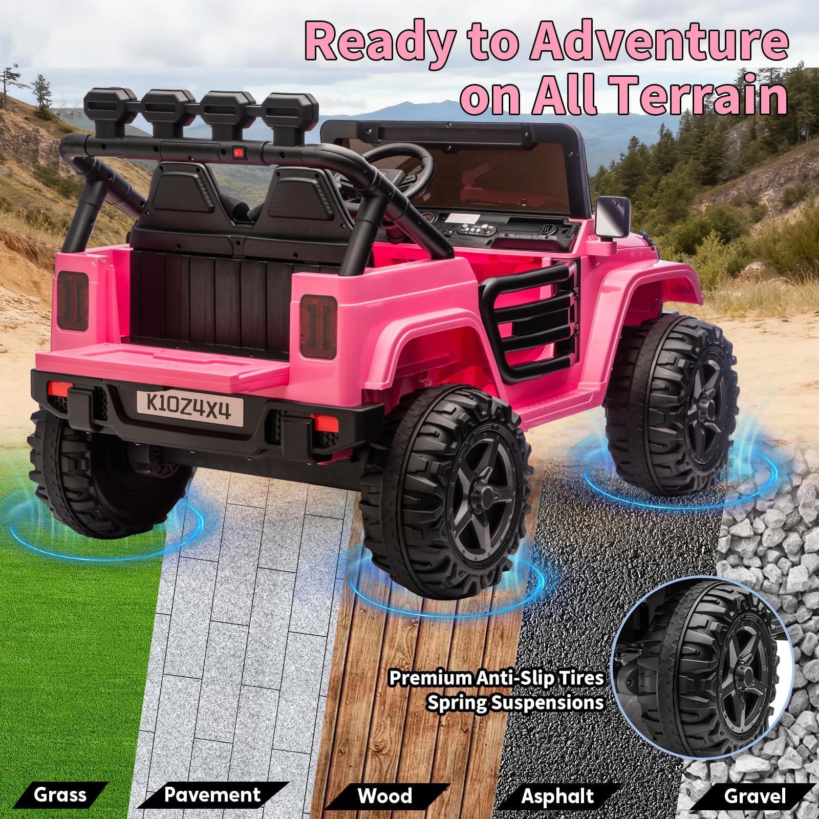 Garvee 24V Electric Ride On Truck for Kids – 2-Seater 4x4 Car – Remote Control – 3 Speeds – LED Lights – Wireless Audio Music Player – Gradual Start & Suspension – Pink