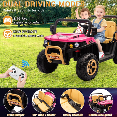 Garvee 24V 2-Seater 6-Wheel 4WD Electric Ride-On Dump Truck UTV for Kids - Parental Remote, Wireless Audio Music, LED Lights, Electric Dump Bed, Shovel - Car Toy for Boys & Girls Ages 3-8 - Pink