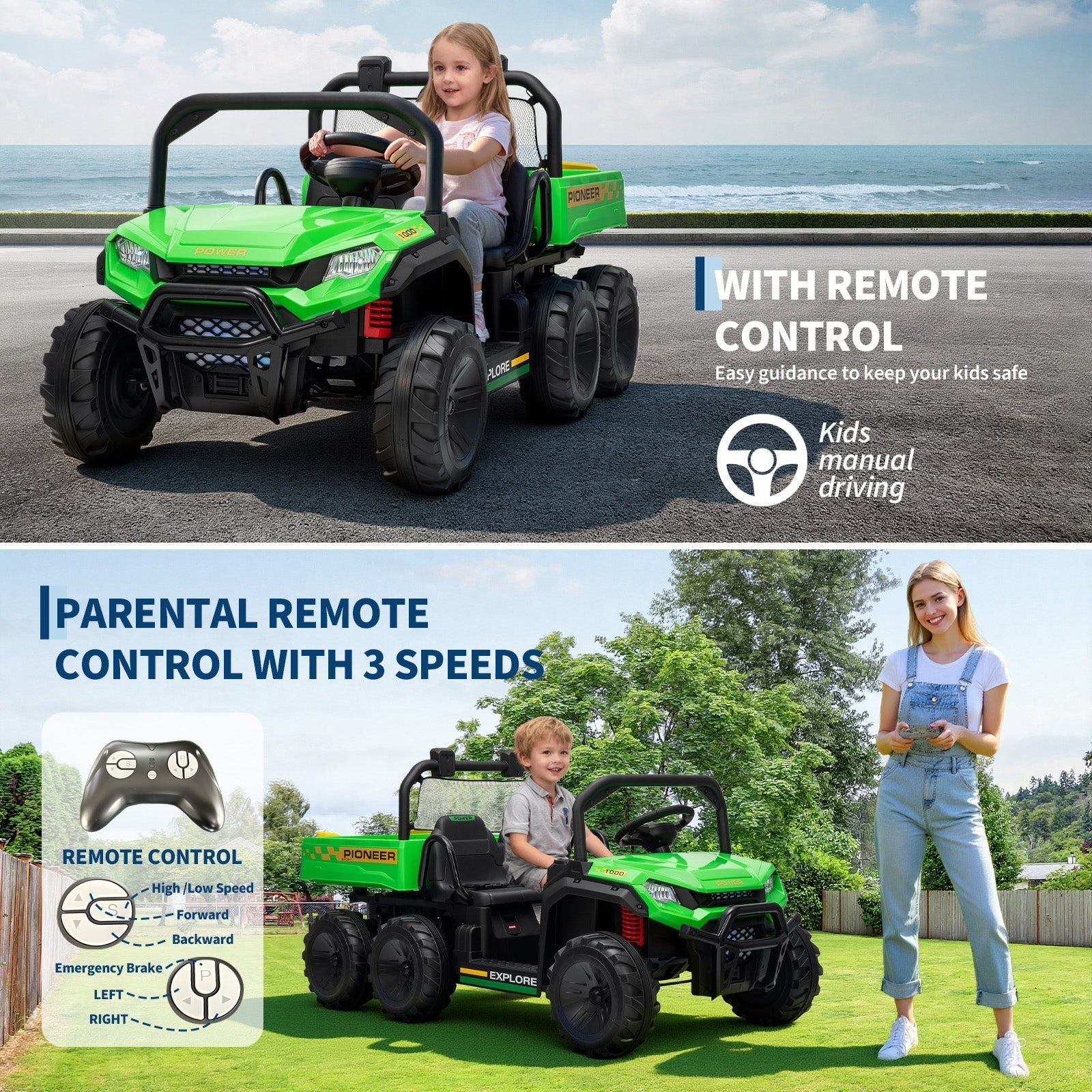 Garvee 24V 4WD Electric Ride on Dump Truck for Kids, 2 Seater with Remote Control, Dump Bed, 3 Speed Modes, Music Player, All-Terrain Off-Road Vehicle Toy for Boys & Girls