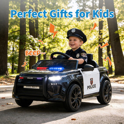 Garvee Kids Electric Police Car Ride-On 12V 4.5Ah Battery Dual 35W Motors LED Lights Bluetooth Speaker Remote Control White/Black Indoor Outdoor