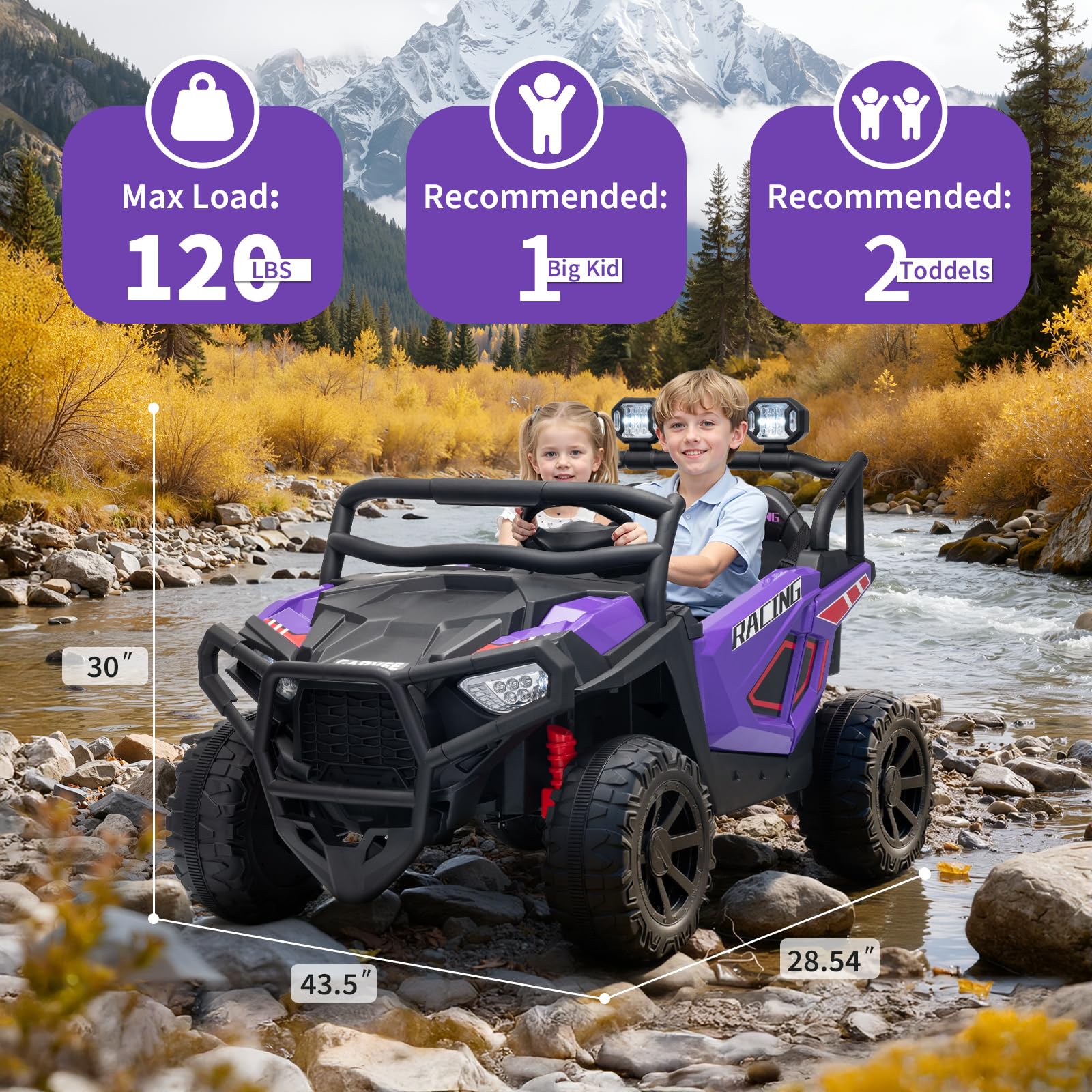 Garvee 24V 2-Seater Electric UTV Ride-On Truck for Kids Ages 2-8 – Battery Powered, Remote Control, 4-Wheel Suspension, Gradual Power-Up, 3 Speeds, LED Lights, Wireless – Purple