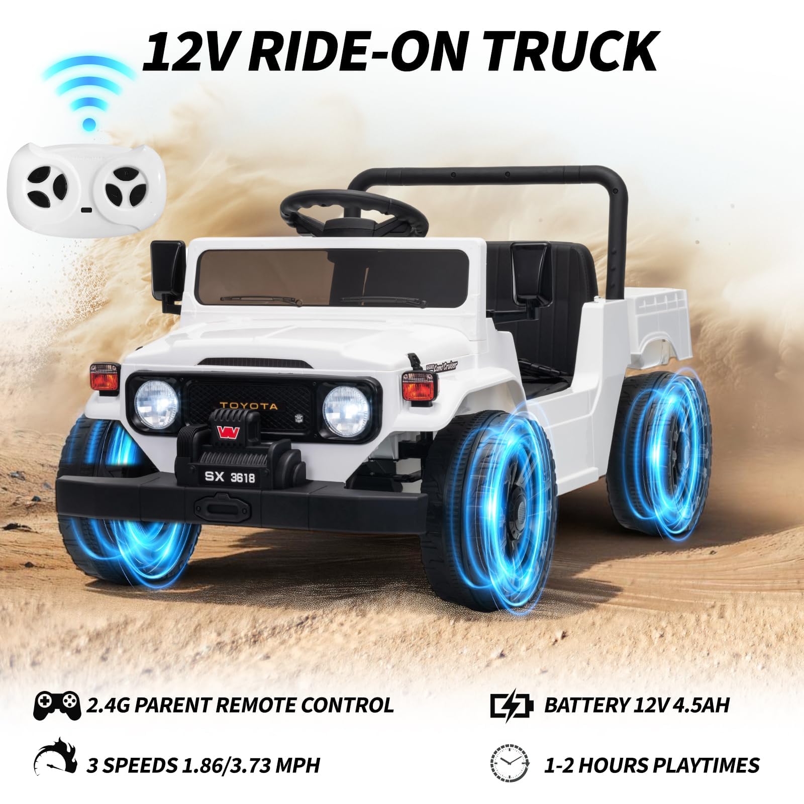 Garvee Licensed Toyota 12V 4WD Kids Ride-On Pickup Truck – Battery Powered Electric Car, Remote Control, wireless Music, LED Lights, Suspension, Soft Braking, Truck Bed Storage – For Toddlers & Big Kids – White