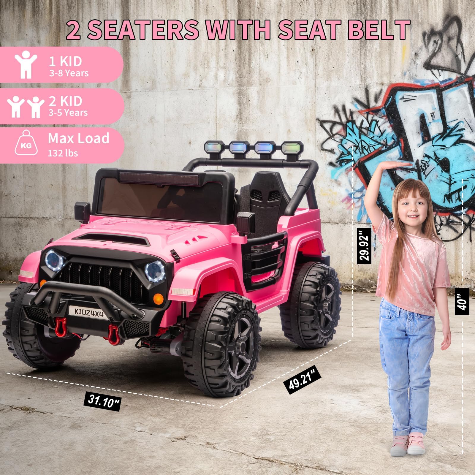 Garvee 24V Electric Ride On Truck for Kids – 2-Seater 4x4 Car – Remote Control – 3 Speeds – LED Lights – Wireless Audio Music Player – Gradual Start & Suspension – Pink
