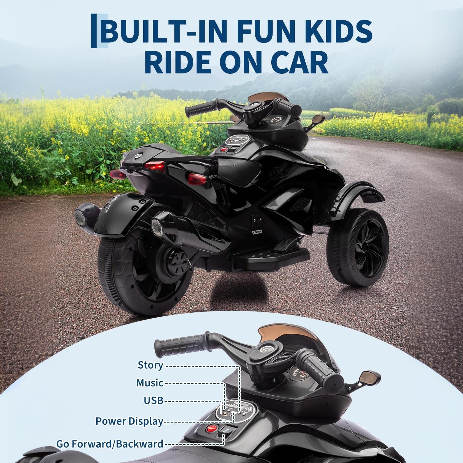 Garvee 12V Dual Motor Kids Electric Ride-On Car & 3-Wheeler ATV – 4 MPH, Treaded Tires, LED Lights & Music, 66 lbs Capacity, Outdoor Battery Powered Vehicle for Boys & Girls Ages 3-8 – Black