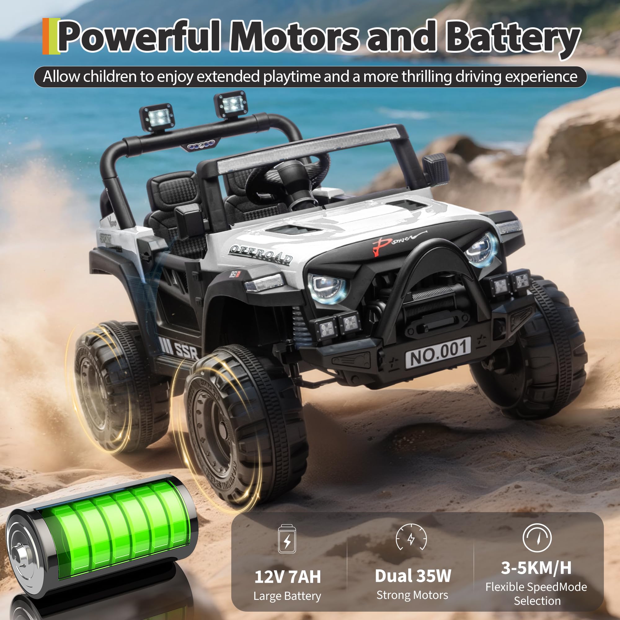 Garvee 12V Kids Electric Ride-On Car – Parent Remote Control, 3 Speeds, Safety Locking Doors, 3-Point Harness, Spring Suspension, wireless Music, LED Lights, Anti-Slip Tires, Foot Brake, Battery Powered Toy for Ages 3-5 – White