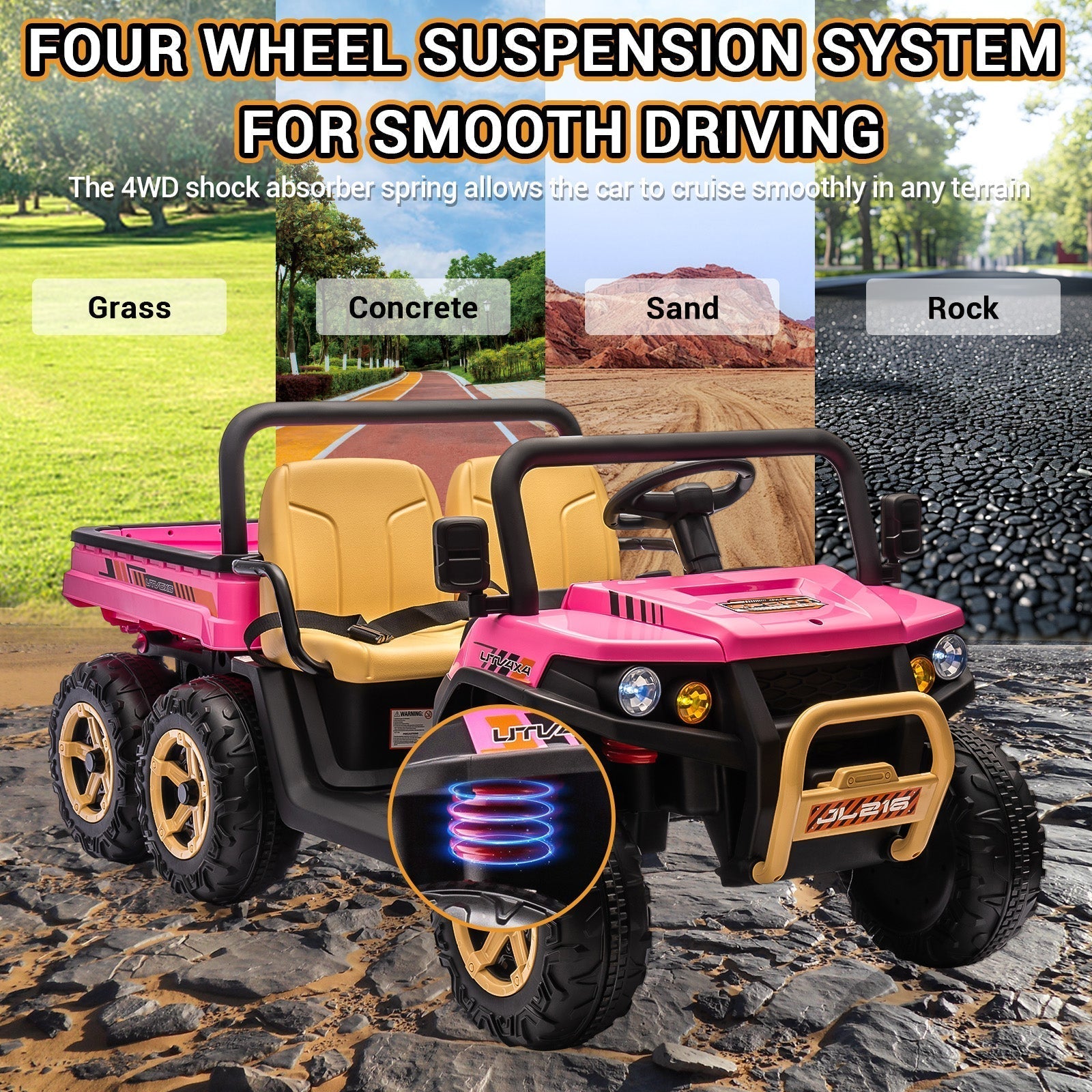 Garvee 24V 2-Seater 6-Wheel 4WD Electric Ride-On Dump Truck UTV for Kids - Parental Remote, Wireless Audio Music, LED Lights, Electric Dump Bed, Shovel - Car Toy for Boys & Girls Ages 3-8 - Pink