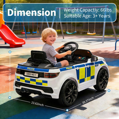 Garvee Kids Police Ride-On Car 12V Dual-Motor, Bluetooth, LED Lights, Safety Belt, Anti-Rollover Tires, White/Black, Outdoor Adventure Toy