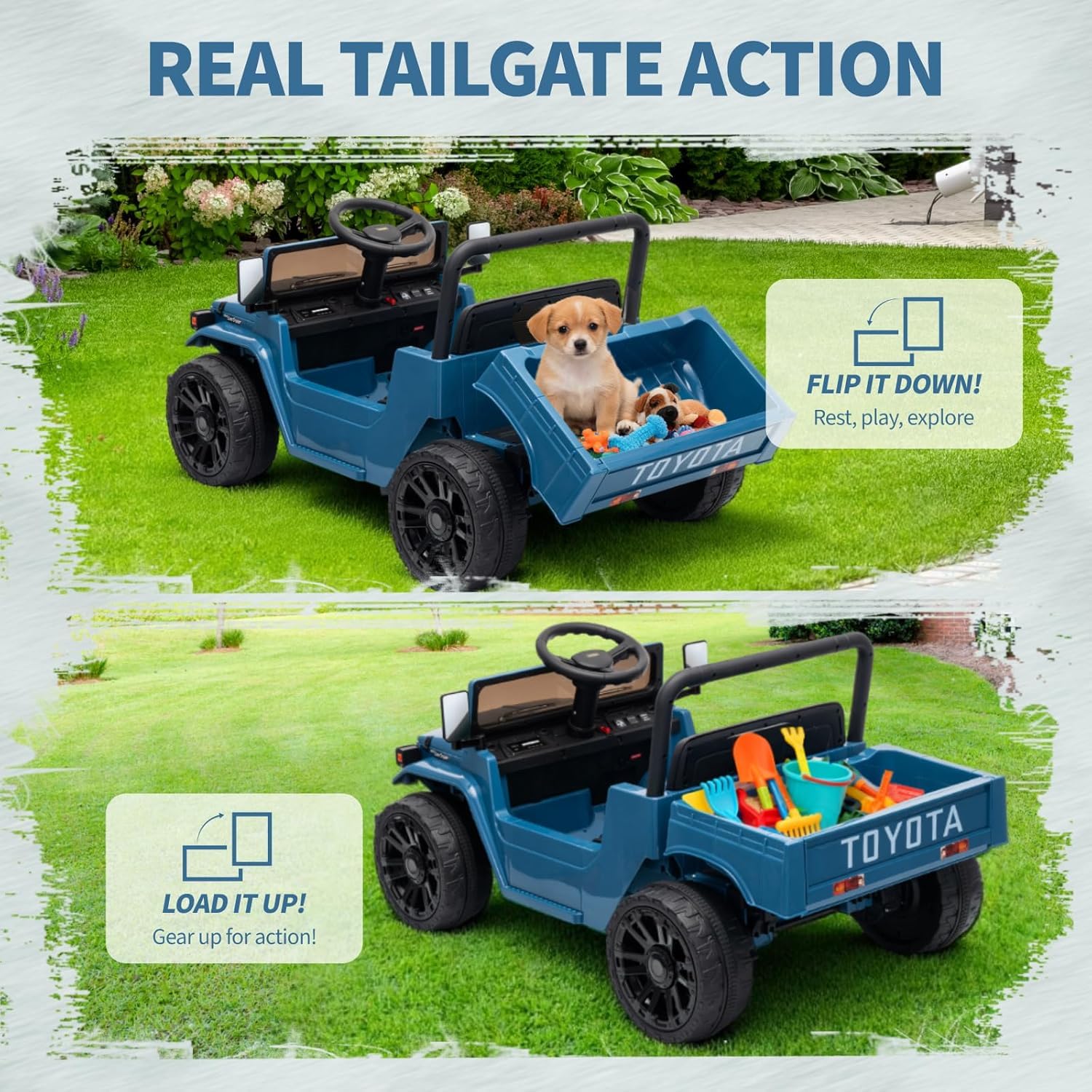 Garvee Licensed Toyota 12V 4WD Kids Ride-On Pickup Truck – Battery Powered Electric Car, Remote Control, wireless Music, LED Lights, Suspension, Soft Braking, Truck Bed Storage – For Toddlers & Big Kids – navy blue