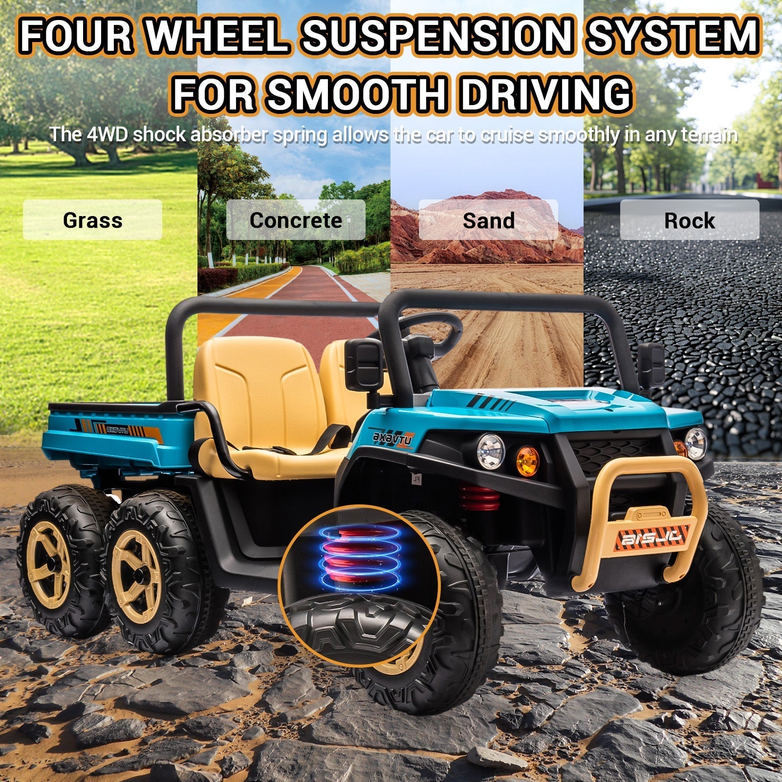Garvee 24V 2-Seater 6-Wheel 4WD Kids Ride-On Dump Truck UTV - Parent Remote, Wireless Audio Music, LED Lights, Dump Bed, Shovel - Electric Car Toy for Big Kids - Blue