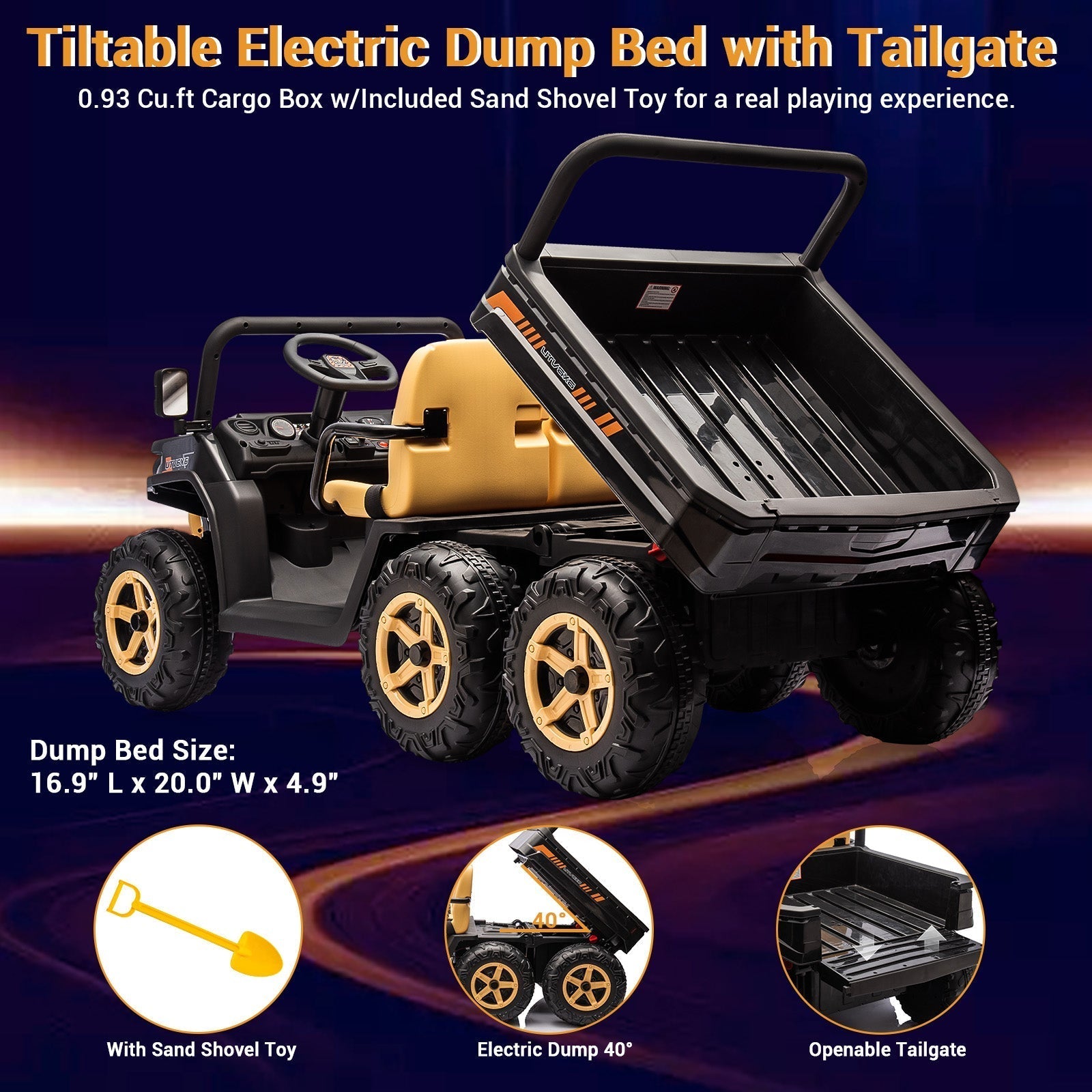 Garvee 24V 2-Seater 6-Wheel 4WD Kids Electric Dump Truck UTV - Remote Control, Wireless Audio Music, LED Lights, Shovel, Electric Dump Bed - Ride-On Car Toy for Boys & Girls - Black