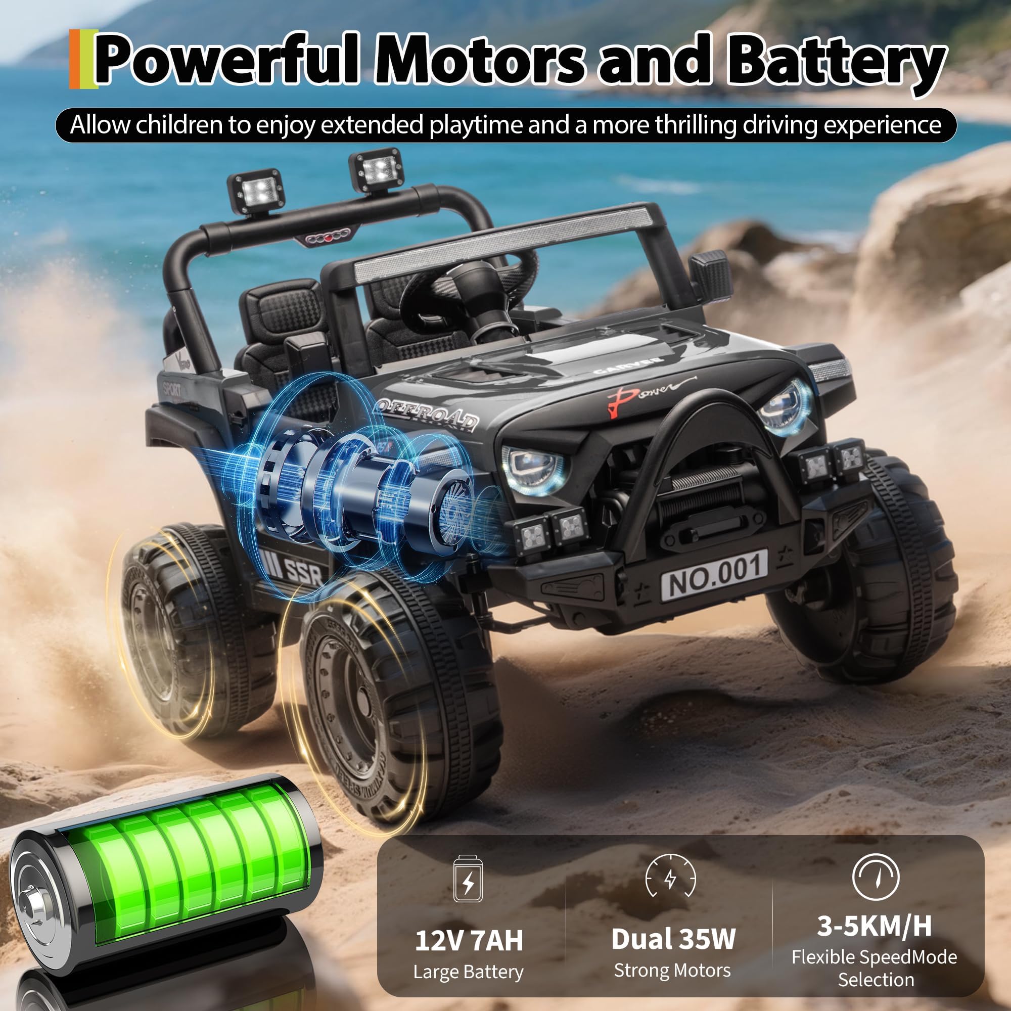 Garvee 12V Kids Ride-On Electric Truck – Parent Remote Control, 3 Speeds up to 4.1MPH, Spring Suspension, LED Lights, wireless Music, Safety Locking Doors, 3-Point Harness, All-Terrain Battery Powered Toy for Ages 3-5 – Black