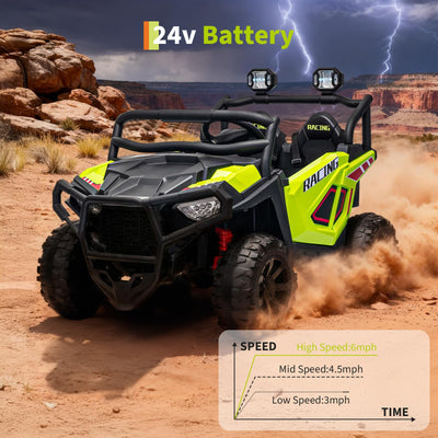 Garvee 24V 2-Seater Electric UTV Ride-On Truck for Kids Ages 2-8 – Battery Powered, Remote Control, 4-Wheel Suspension, Gradual Power-Up, 3 Speeds, LED Lights, Wireless – Fluorescent Green