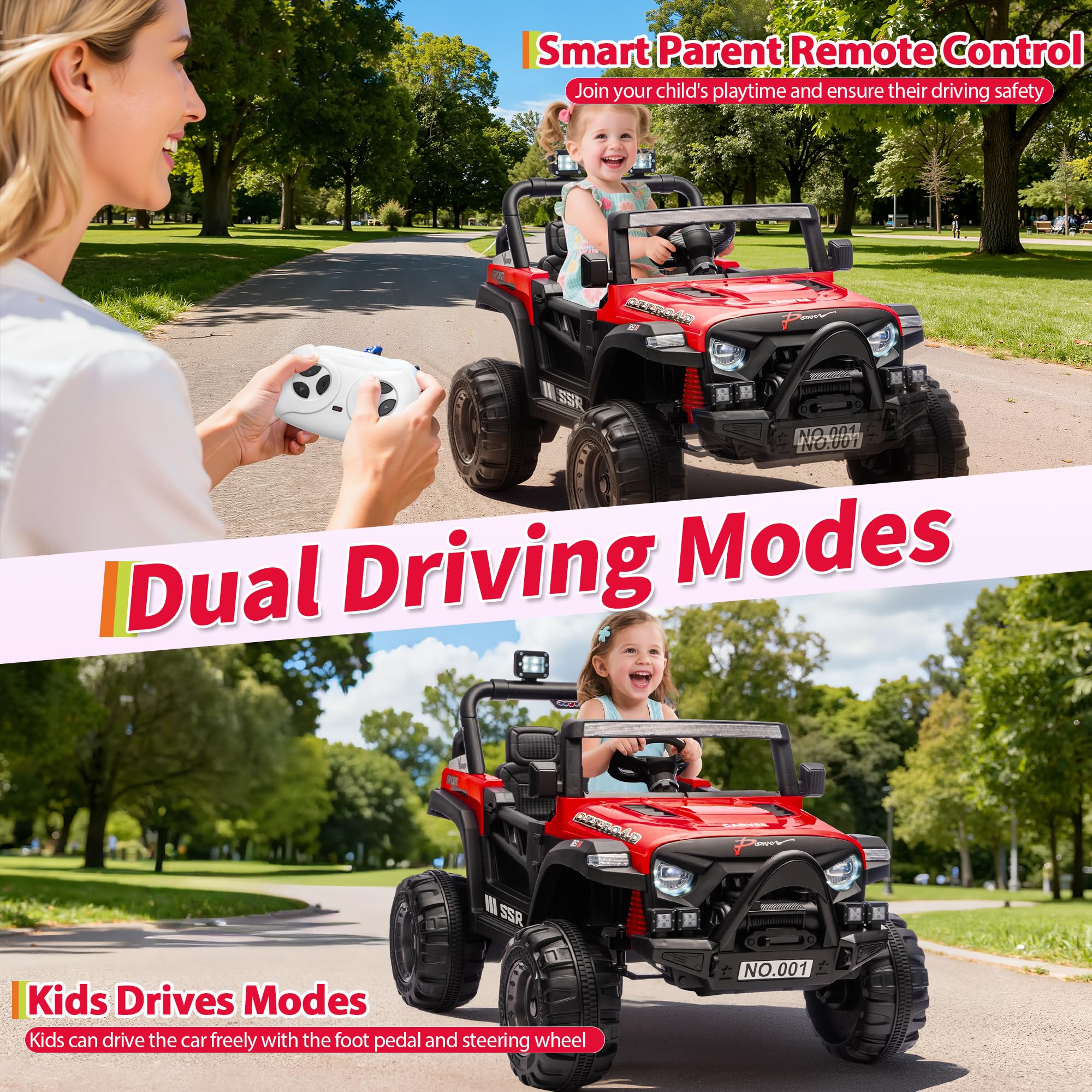 Garvee 12V Kids Electric Ride-On Car – Parent Remote Control, Spring Suspension, LED Lights, wireless Music, 3-Point Harness, Locking Doors, 3 Speeds, Battery Powered Toy Vehicle for Toddlers Boys Girls Ages 3-5 – Red