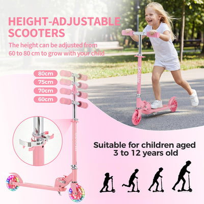 Garvee Kick Scooter for Kids with LED RGB Lighted Wheels, Lightweight & Detachable, Aluminum Frame, Anti-Slip Deck, Adjustable Handlebars, Pink, Ages 3+