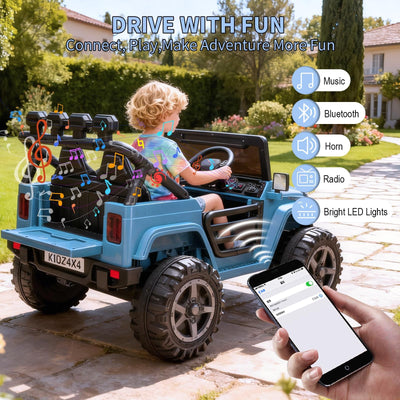 Garvee 24V 2-Seater Electric Ride On Truck for Kids – Remote Control – 4-Wheel Suspension – 3 Speeds – LED Lights – Wireless Audio & MP3 Player – Standard Test Method/CPSIA Certified – Light Blue