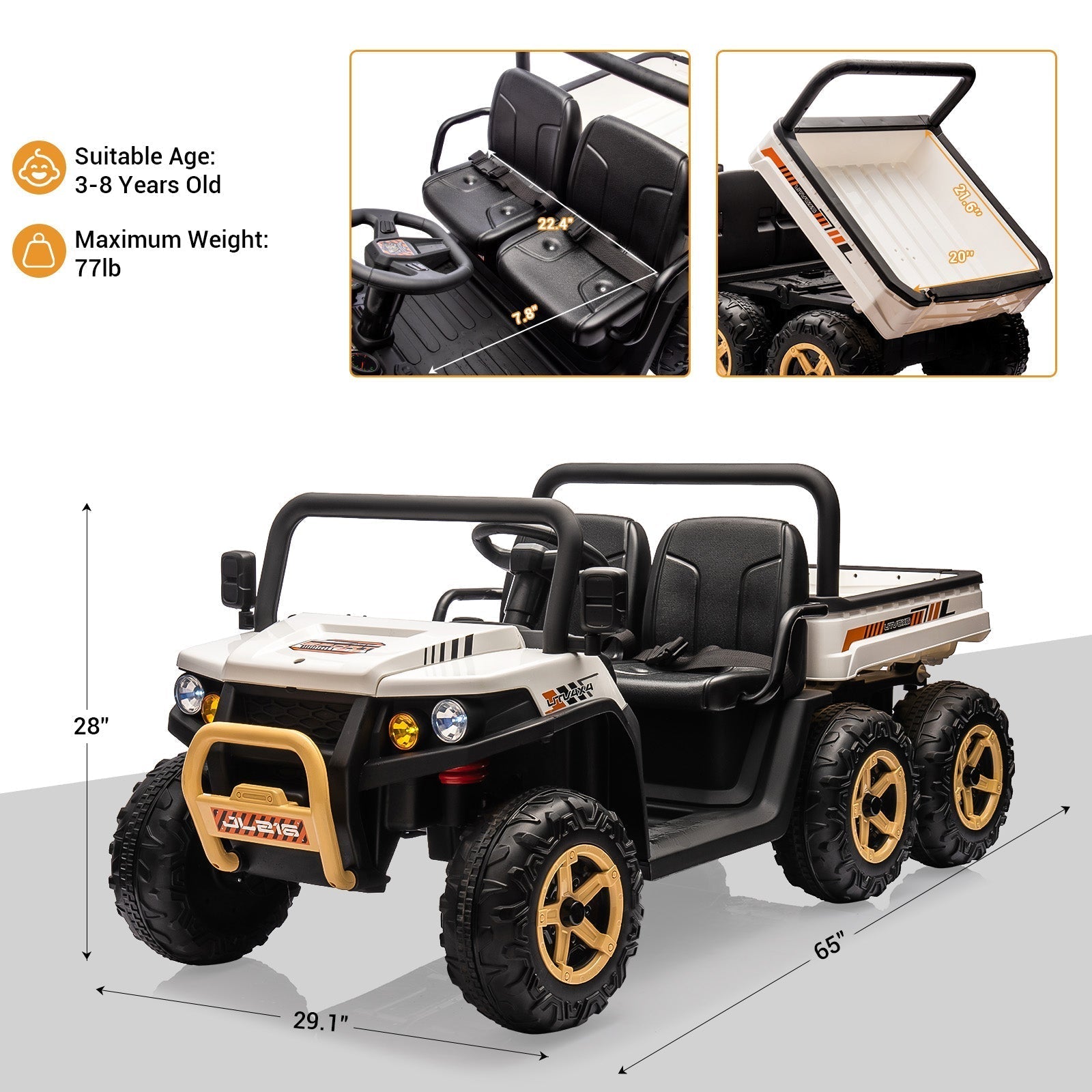 Garvee 24V 2-Seater 6-Wheel 4WD Kids Ride-On UTV Dump Truck - Parent Remote Control, Wireless Audio Music, LED Lights, Electric Dump Bed, Shovel - Electric Ride-On Car for Big Kids - White