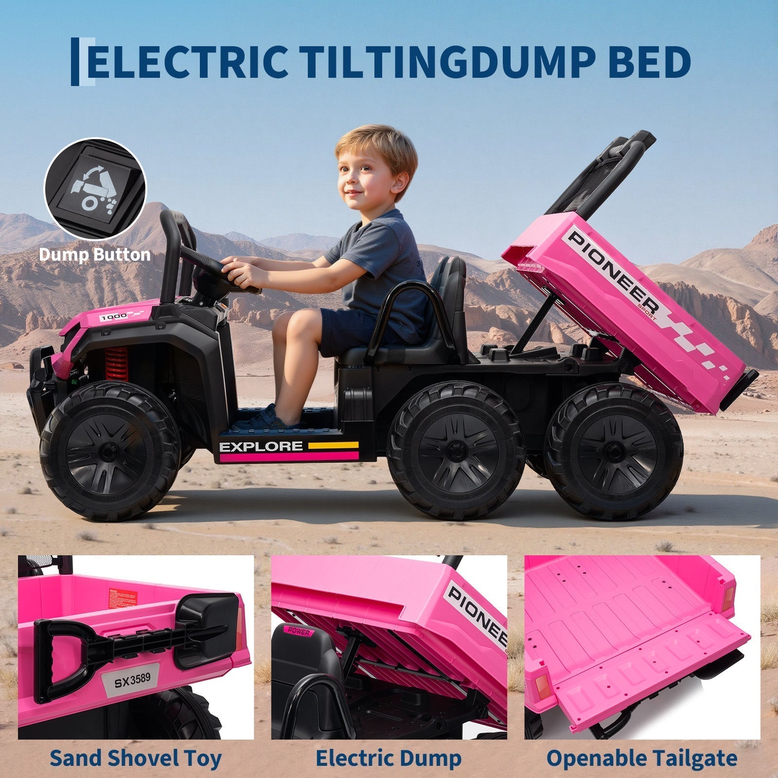 Garvee 24V 4WD Electric Ride on Dump Truck for Kids, 2 Seater with Remote Control, Dump Bed, 3 Speed Modes, Music Player, All-Terrain Off-Road Vehicle Toy for Boys & Girls