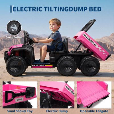 Garvee 24V 4WD Electric Ride on Dump Truck for Kids, 2 Seater with Remote Control, Dump Bed, 3 Speed Modes, Music Player, All-Terrain Off-Road Vehicle Toy for Boys & Girls