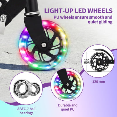 Garvee Kick Scooter for Kids with LED RGB Lighted Wheels, Lightweight 4.6 LBS, Adjustable Handlebars, Anti-Slip Deck, Detachable Design, Ages 3+