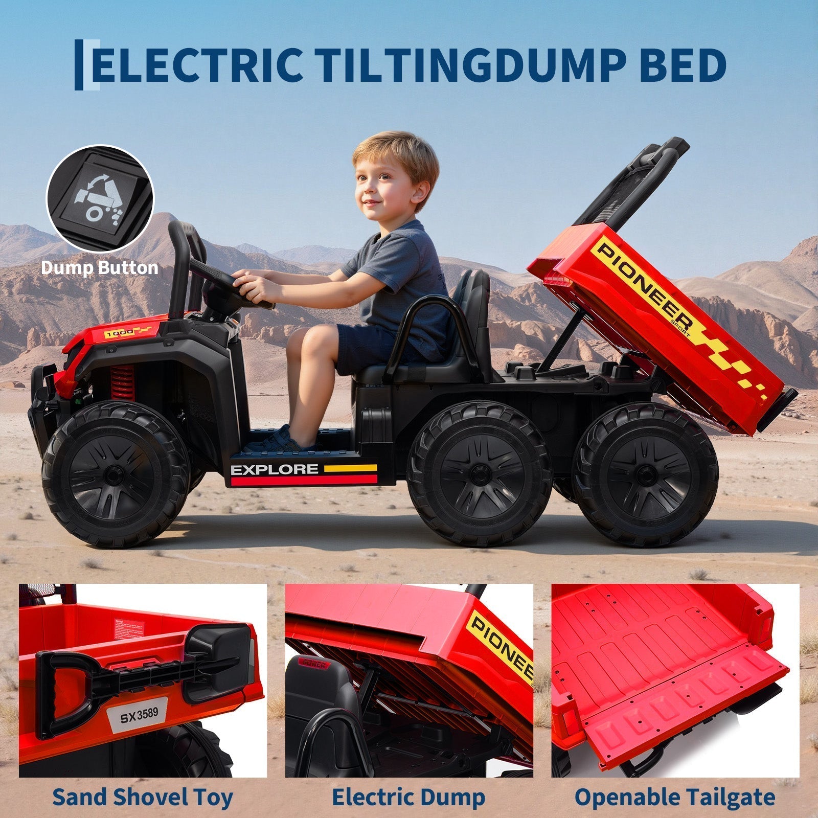 Garvee 24V 4WD Electric Ride on Dump Truck for Kids, 2 Seater with Remote Control, Dump Bed, 3 Speed Modes, Music Player, All-Terrain Off-Road Vehicle Toy for Boys & Girls