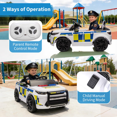 Garvee Kids Police Ride-On Car 12V Dual-Motor, Bluetooth, LED Lights, Safety Belt, Anti-Rollover Tires, White/Black, Outdoor Adventure Toy