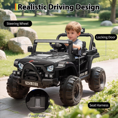 Garvee 12V Kids Ride-On Electric Truck – Parent Remote Control, 3 Speeds up to 4.1MPH, Spring Suspension, LED Lights, wireless Music, Safety Locking Doors, 3-Point Harness, All-Terrain Battery Powered Toy for Ages 3-5 – Black