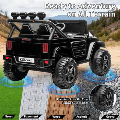 Garvee 24V 4x4 Electric Ride On Truck for Big Kids – 2 Seater Battery Powered Car – Remote Control – 3 Speeds – 4-Wheel Suspension – LED Lights – Wireless Audio Music – Gradual Start – Black