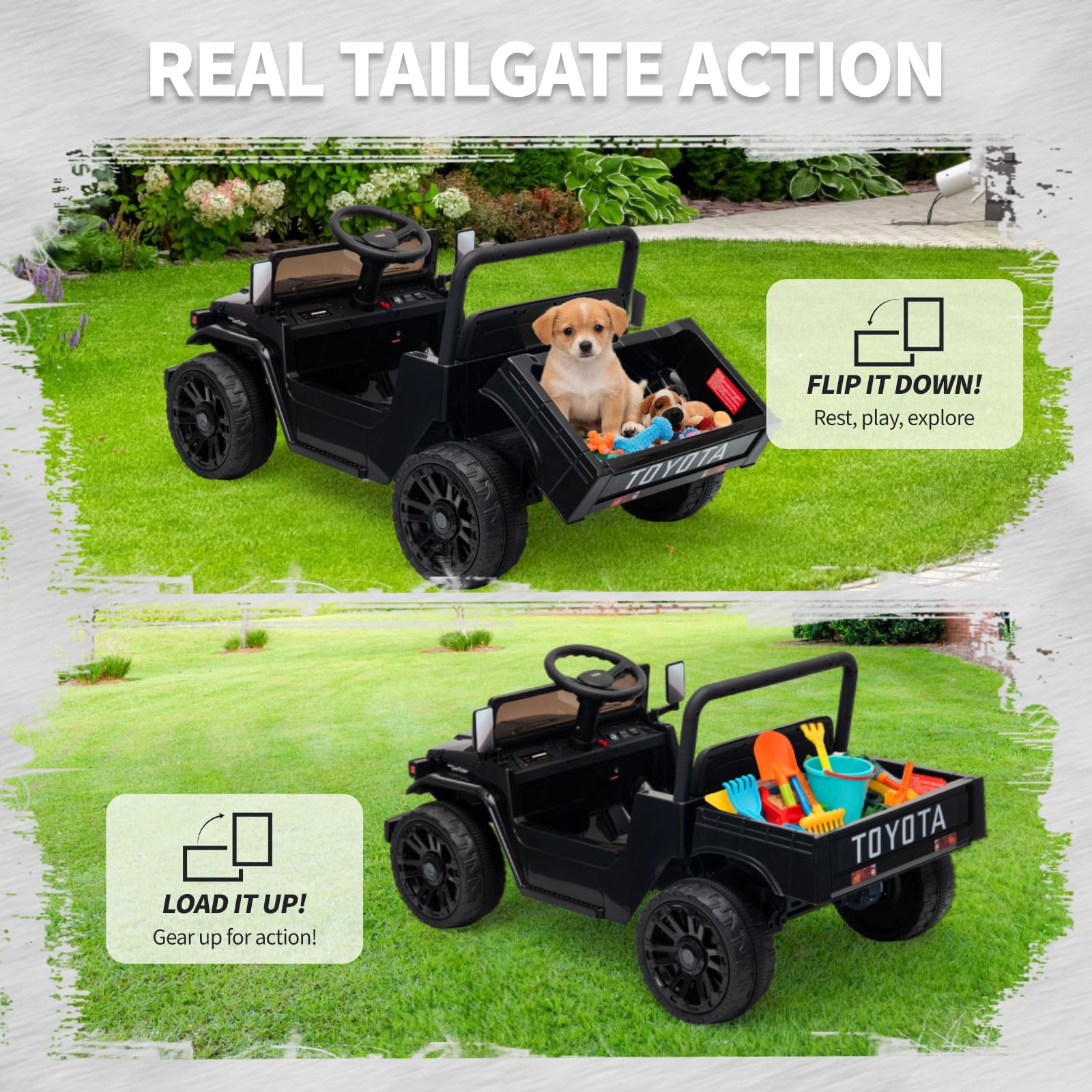 Garvee Licensed Toyota 12V 4WD Kids Electric Ride-On Pickup Truck – Battery Powered, Remote Control, wireless, LED Lights, Suspension, Soft Braking, Truck Bed Storage – For Toddlers & Big Kids – Black