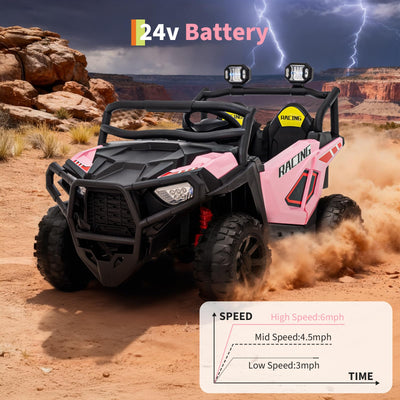 Garvee 24V 2-Seater Electric UTV Ride-On Truck for Kids Ages 2-8 – Battery Powered, Remote Control, 4-Wheel Suspension, Gradual Power-Up, 3 Speeds, LED Lights, Wireless – Pink