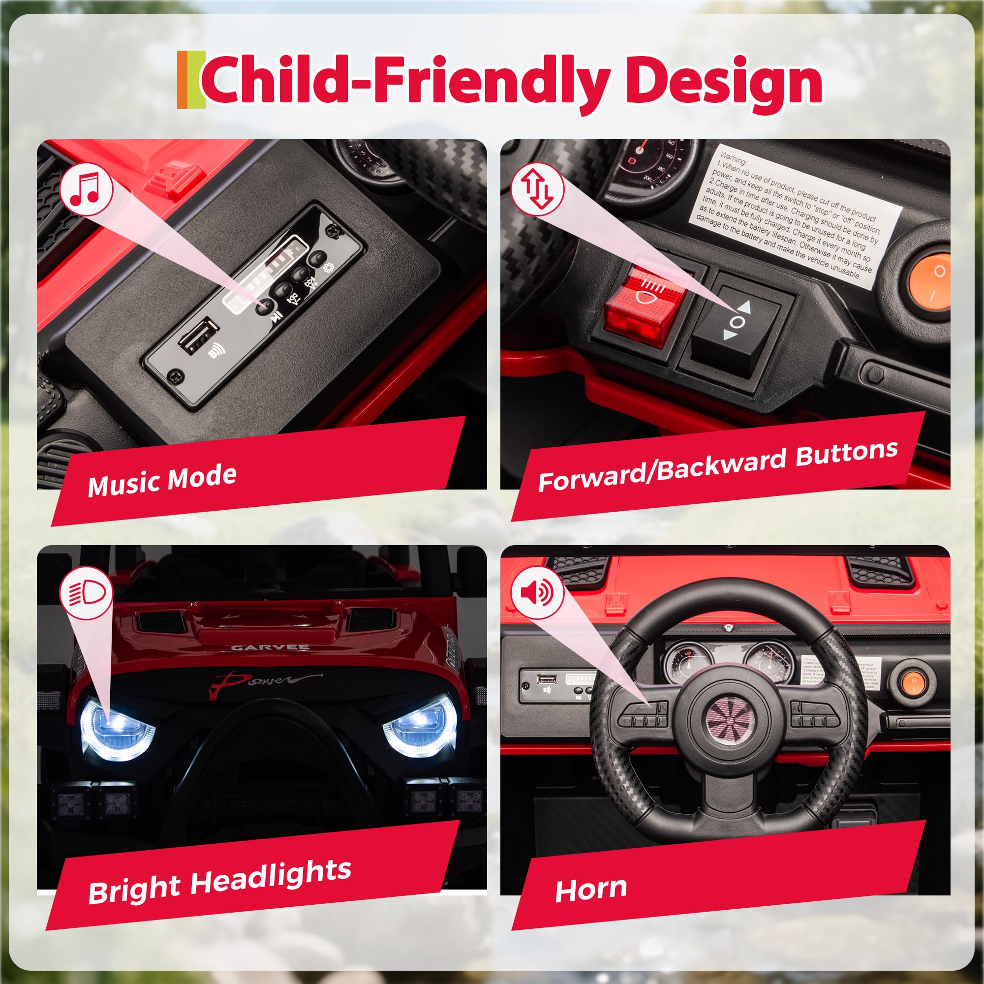 Garvee 12V Kids Electric Ride-On Car – Parent Remote Control, Spring Suspension, LED Lights, wireless Music, 3-Point Harness, Locking Doors, 3 Speeds, Battery Powered Toy Vehicle for Toddlers Boys Girls Ages 3-5 – Red