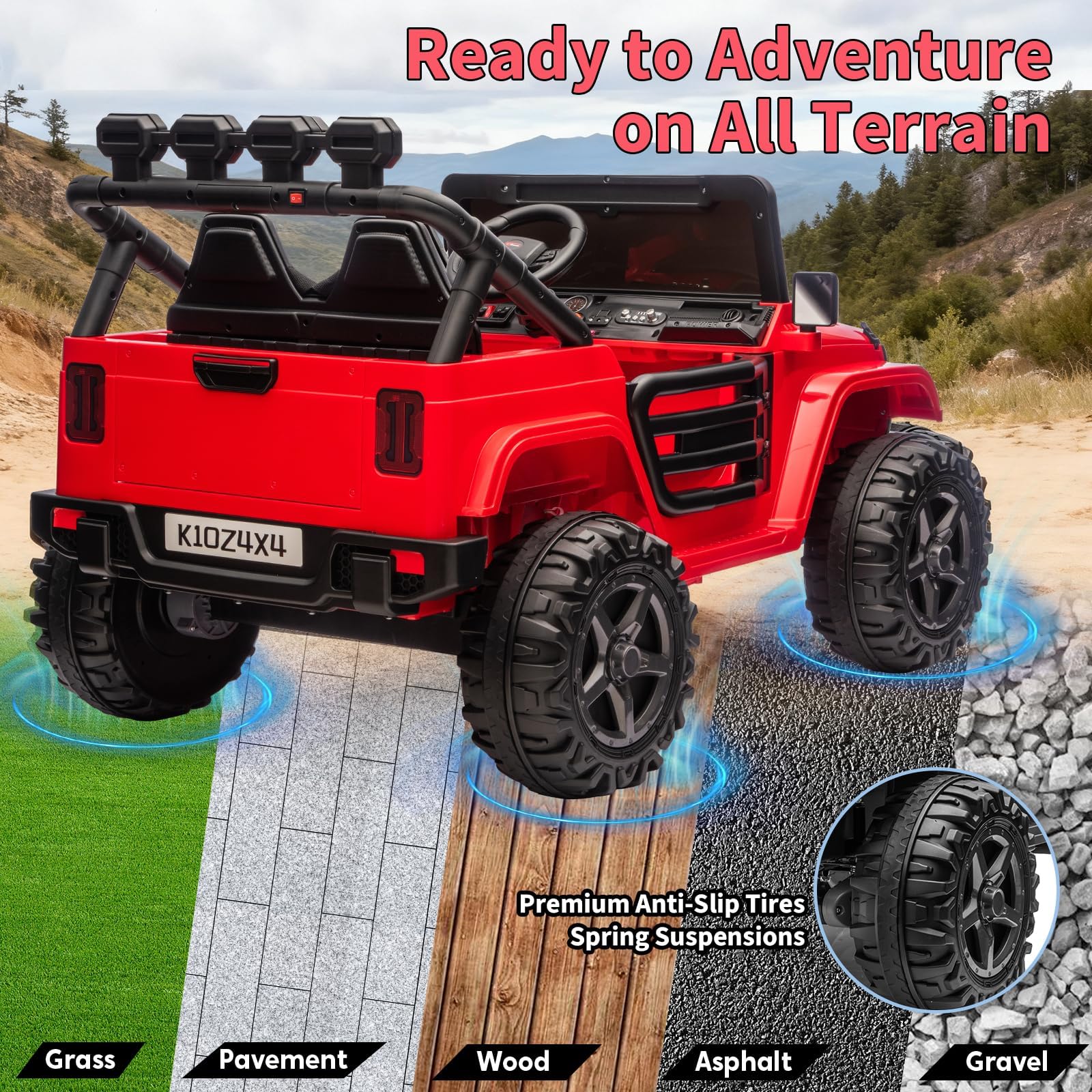 Garvee 24V 2-Seater Electric Ride On Truck for Big Kids – Parental Remote Control – 4-Wheel Suspension – 3 Speeds – LED Lights – Wireless Audio & MP3 Player – Standard Test Method/CPSIA Certified – Red