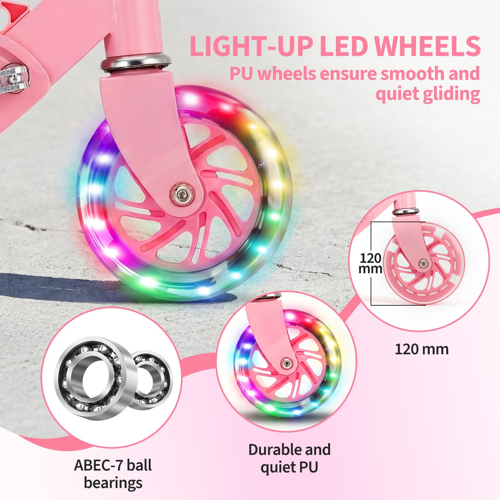 Garvee Kick Scooter for Kids with LED RGB Lighted Wheels, Lightweight & Detachable, Aluminum Frame, Anti-Slip Deck, Adjustable Handlebars, Pink, Ages 3+